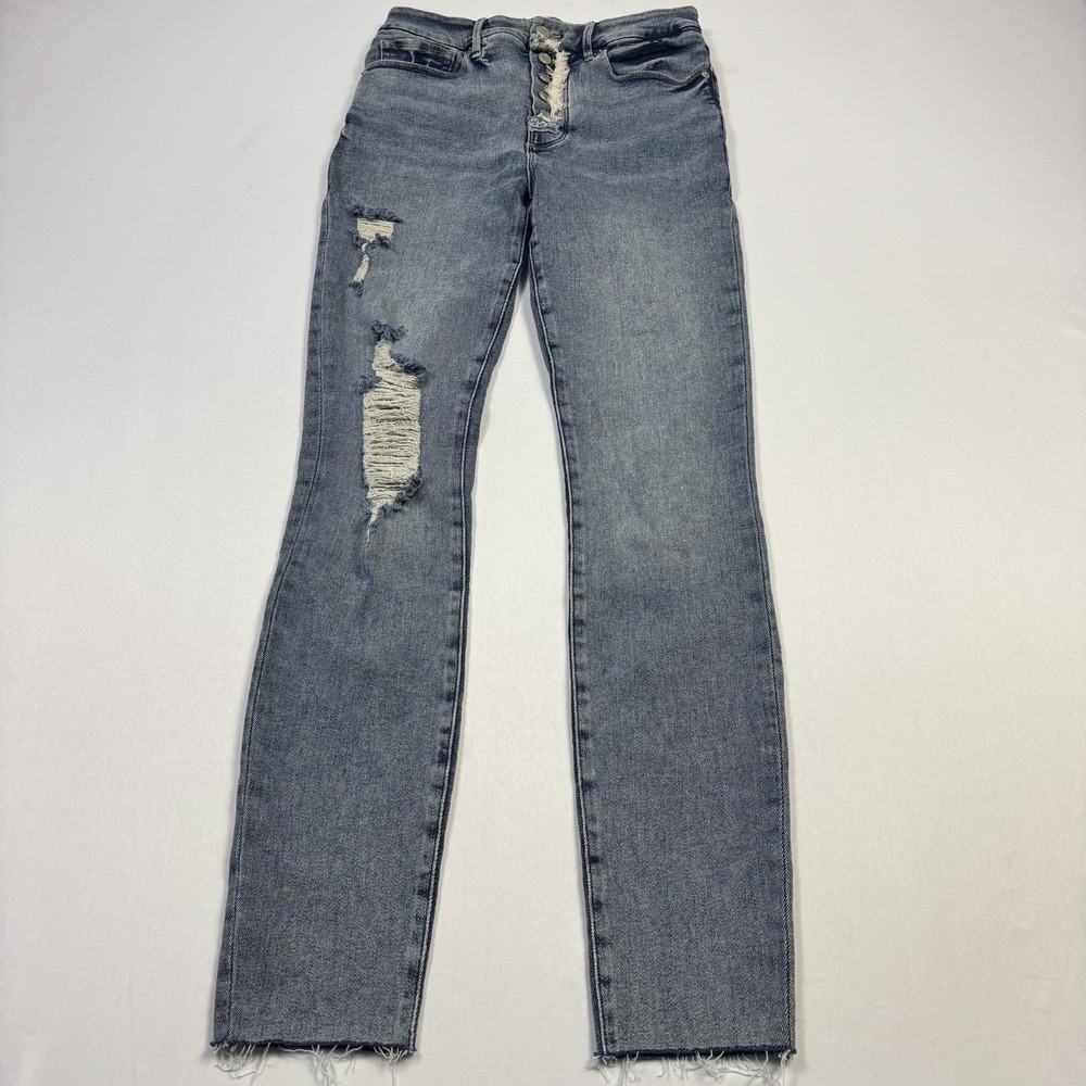 Good American Jeans Womens 2/26 Blue High Rise Distressed Straight Stretch Denim